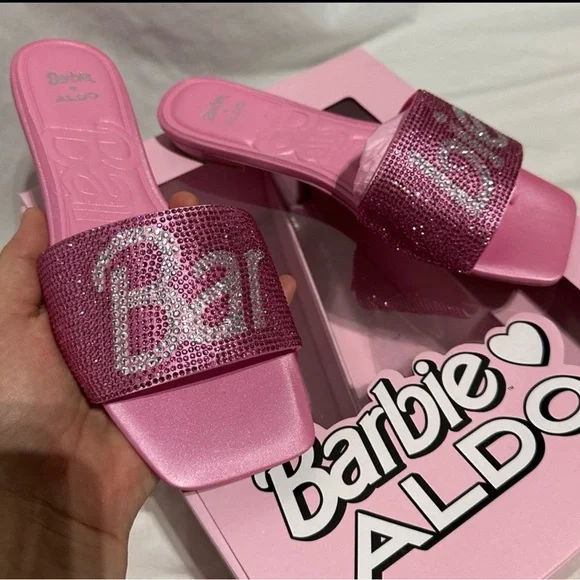 Aldo x Barbie Barbieville Pink Satin Rhinestone Flat Slide Sandals New Woman’s - Picture 11 of 11